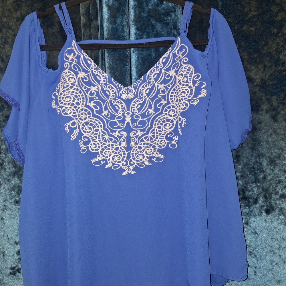 Xhilaration Royal Blue Blouse with Cream Embroidery